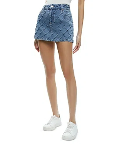 Shop Alice And Olivia Joss High Rise Quilted Embellished Mini Skirt In Light Indigo