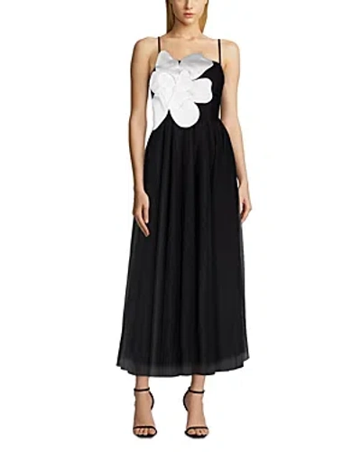 Shop Zac Posen Floral Motif Tulle Midi Dress In Black/white