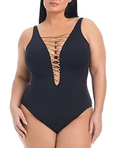 Shop Bleu Rod Beattie Plus Size Strappy Plunge Neck One Piece Swimsuit In Black/rose