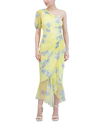 Shop Bcbgmaxazria One Shoulder Puff Sleeve Printed Dress In Yellow Combo