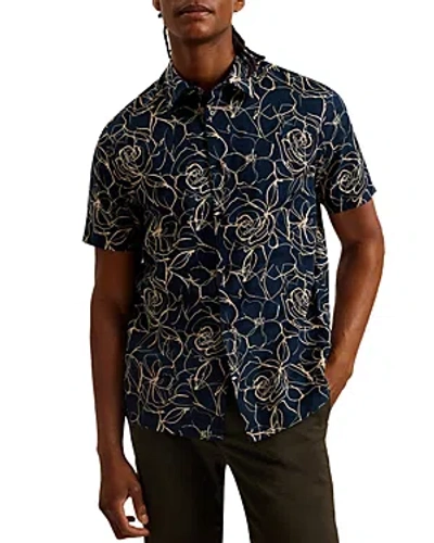 Shop Ted Baker Relaxed Fit Printed Short Sleeve Button Front Shirt In Navy