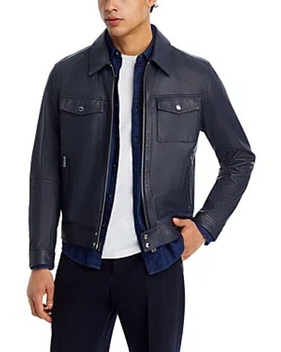 Shop Hugo Boss Malto Textured Leather Jacket In Dark Blue