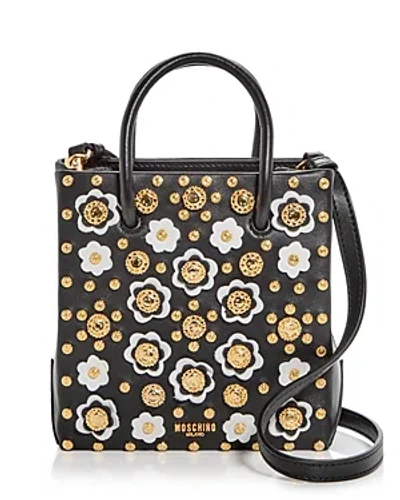 Shop Moschino Floral Stud Leather Shoulder Bag In Black Multi