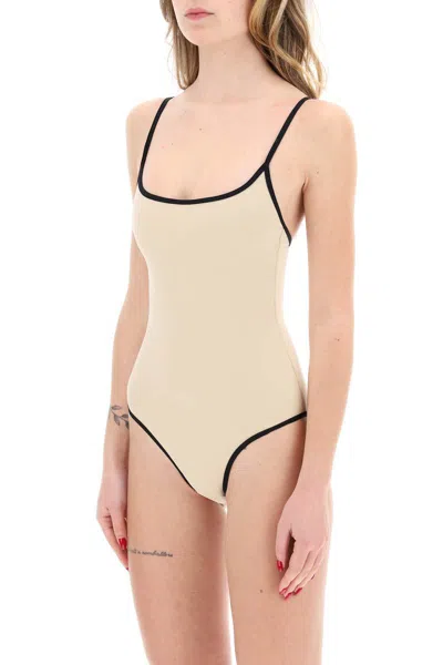 Shop Totême Toteme One-piece Swimsuit With Contrasting Trim Details In Beige