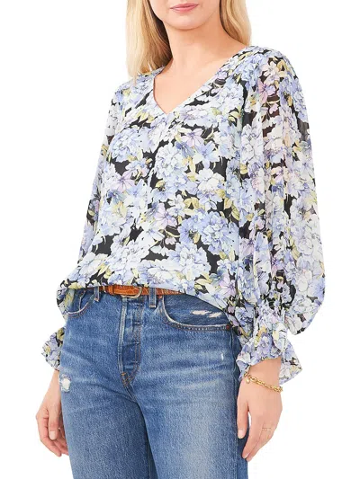 Shop Vince Camuto Womens Floral Print V-neck Blouse In Blue
