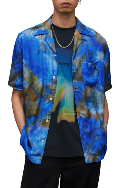 Shop Allsaints Borealis Relaxed Fit Tie Dye Camp Shirt In Cosmo Blue
