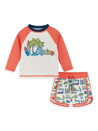 Shop Andy & Evan Baby Boy's, Little Boy's & Boy's Surf Print Rashguard Top & Swim Trunks Set In Orange