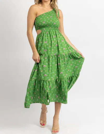 Sundayup One Shoulder Hollow Midi Dress In Green Floral Print In Green