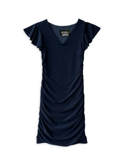 Shop Un Deux Trois Girl's Fitted Ruched Dress In Navy
