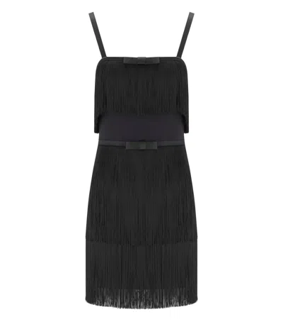 Elisabetta Franchi Fringed Dress With Adjustable Straps And Bow Accents In Black