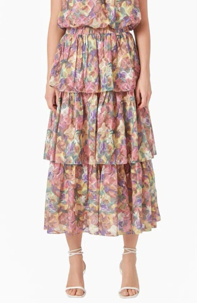 Shop Endless Rose Floral Tiered Maxi Skirt In Yellow Multi