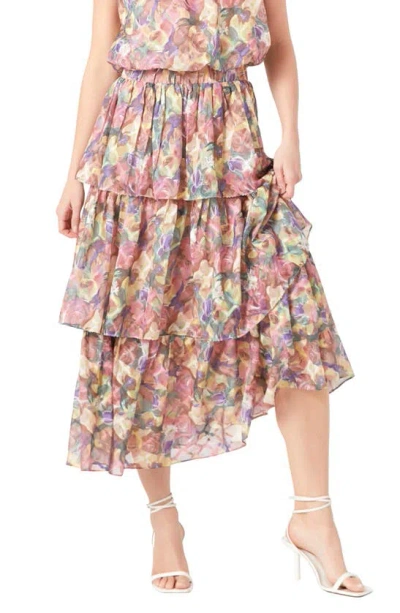 Shop Endless Rose Floral Tiered Maxi Skirt In Yellow Multi