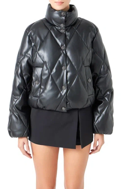 Shop Endless Rose Quilted Faux Leather Bomber Jacket In Black