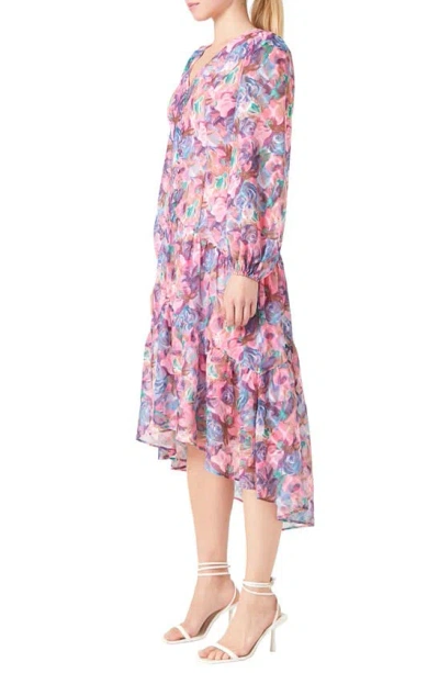 Shop Endless Rose Floral Print Long Sleeve High-low Dress In Pink Multi