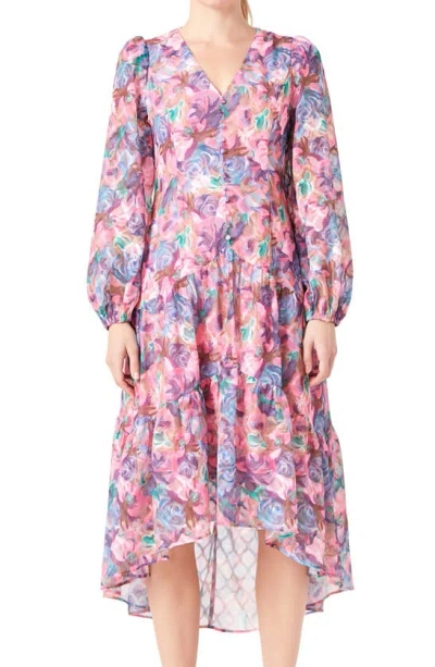 Endless Rose Floral Print Long Sleeve High-low Dress In Pink Multi