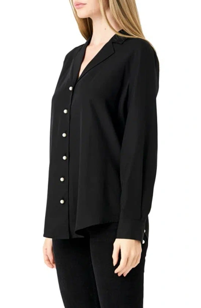 Shop Endless Rose Notched Lapel Long Sleeve Button-up Shirt In Black