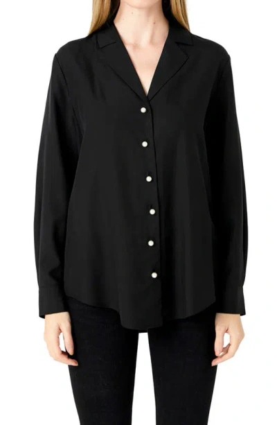 Endless Rose Notched Lapel Long Sleeve Button-up Shirt In Black