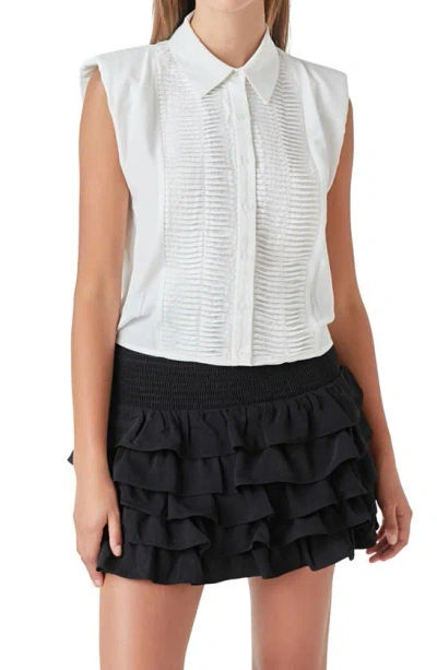 Endless Rose Pintuck Sleeveless Button-up Shirt In White