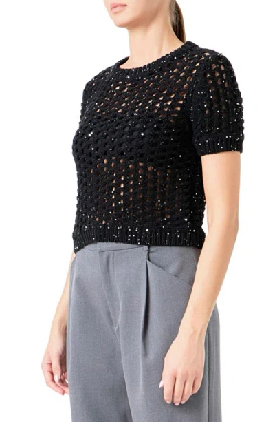Shop Endless Rose Sequin Open Stitch Sweater In Black