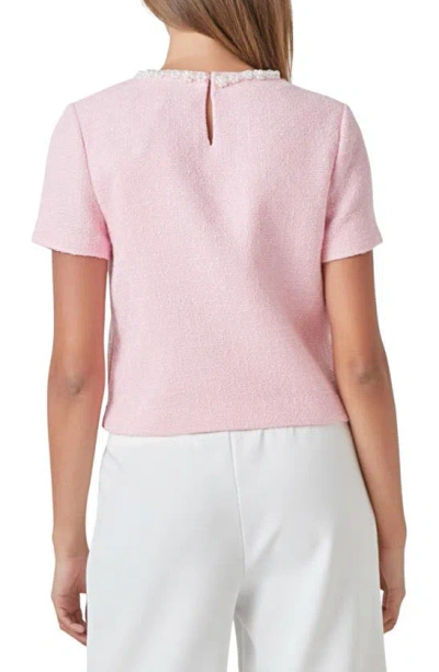 Shop Endless Rose Imitation Pearl Trim Short Sleeve Tweed Top In Pink