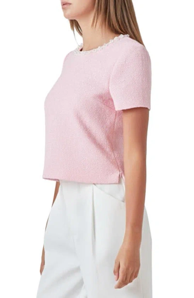 Shop Endless Rose Imitation Pearl Trim Short Sleeve Tweed Top In Pink