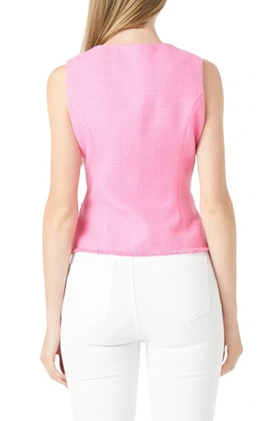 Endless Rose Fringe Double Breasted Sleeveless Tweed Top In Pink