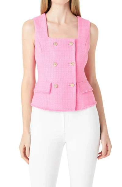 Endless Rose Fringe Double Breasted Sleeveless Tweed Top In Pink