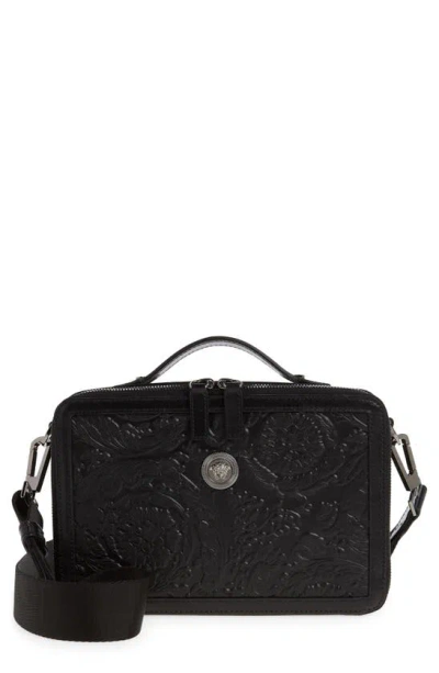 Shop Versace Barocco Embossed Leather Messenger Bag In Black-ruthenium