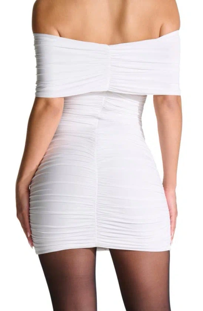 Shop Naked Wardrobe Hourglass Ruched Foldover Off The Shoulder Body-con Dress In White