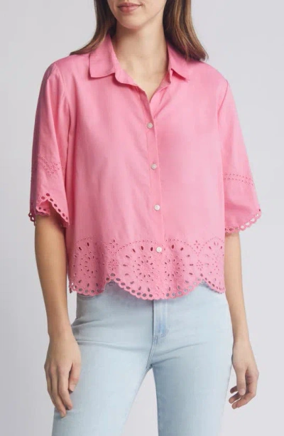 Shop Beachlunchlounge Clo Eyelet Border Button-up Shirt In Jelly Pink