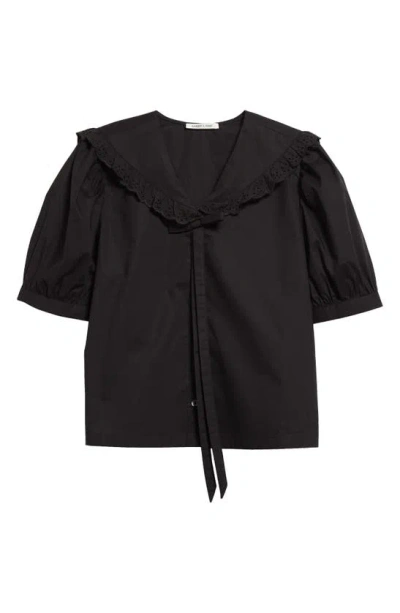 Shop Sandy Liang Florent Puff Sleeve Cotton Poplin Button-up Shirt In Black