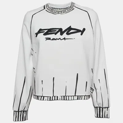 Pre-owned Fendi White Logo Embroidered Cotton Crew Neck Sweatshirt S