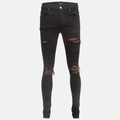 AMIRI Pre-owned Black Denim Suede Patch Distressed Slim Fit Jeans M/waist 32"