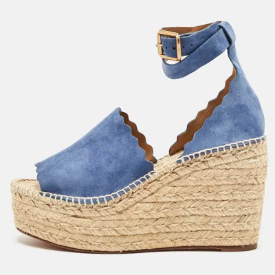 Pre-owned Chloé Blue Suede Lauren Wedge Espadrille Sandals Size 41