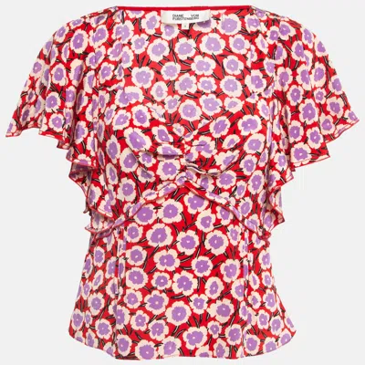 Pre-owned Diane Von Furstenberg Red Floral Print Silk Ruffled De Chine Top M