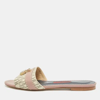 Pre-owned Ch Carolina Herrera Tricolor Signature Canvas And Leather Lock Flat Slides Size 37 In Pink