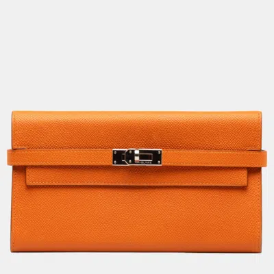 Pre-owned Hermes Orange Epsom Classic Kelly Wallet