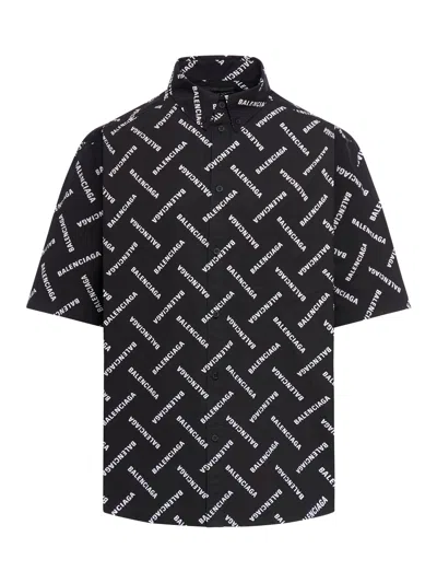 Shop Balenciaga S/s Large Fit Shirt Bal Diagonal Allover Poplin In Black White