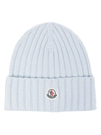 Shop Moncler Bright Blue Ribbed Wool Beanie With Logo