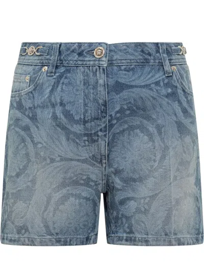 Shop Versace Jeans Shorts With Baroque Pattern Silhouette In Blue