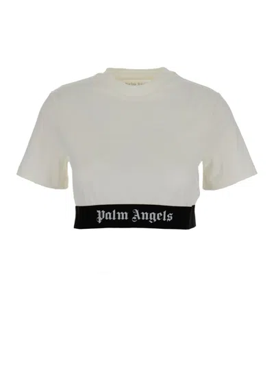 Shop Palm Angels White Cropped T-shirt With Jacquard Logo In Cotton Woman