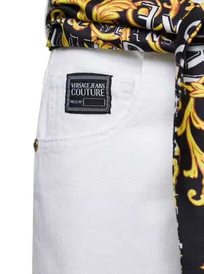Shop Versace Jeans Couture White Denim High Wasited Shorts With Baroque Print Foulard In Cotton Woman