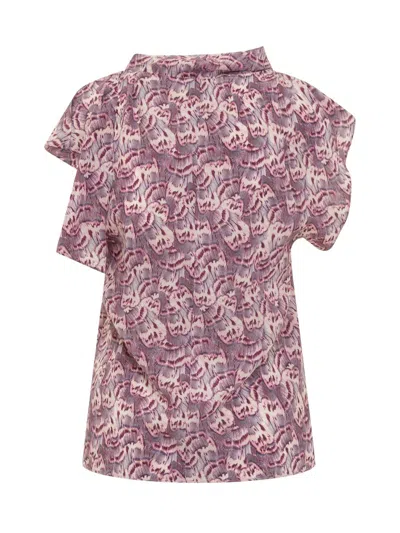 Isabel Marant Valency Feather-print Asymmetric Flutter-sleeve Silk Blouse In Pink