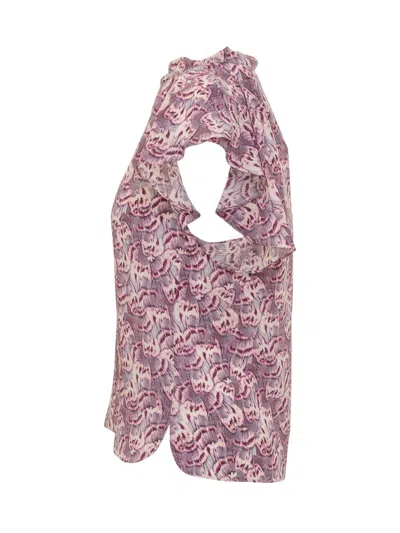 Isabel Marant Valency Feather-print Asymmetric Flutter-sleeve Silk Blouse In Pink