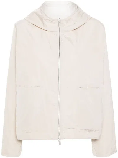 Shop Peserico Reversible Jacket With Hood And High Collar In Beige