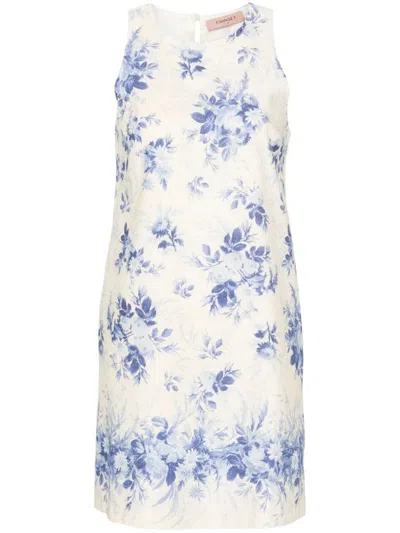 Shop Twinset Short Linen And Cotton Dress With Floral Print In Avorio E Blu