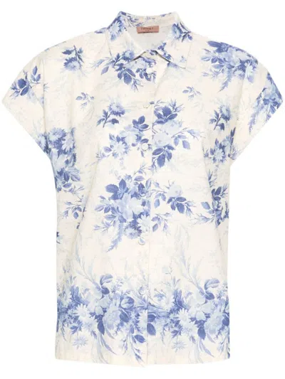 Shop Twinset Linen And Cotton Shirt With Floral Print In Avorio E Blu