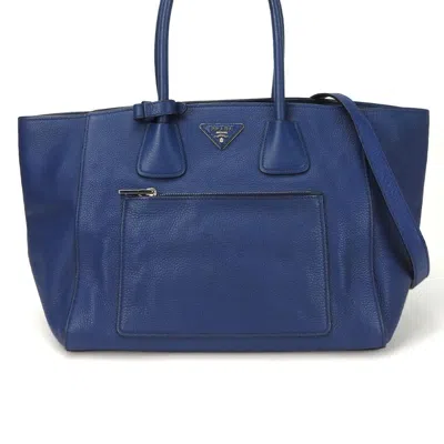 Shop Prada Vitello Blue Leather Tote Bag ()