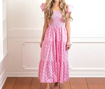 Shop 8 Oak Lane Block Print Smocked House Dress In Pink / White In Multi