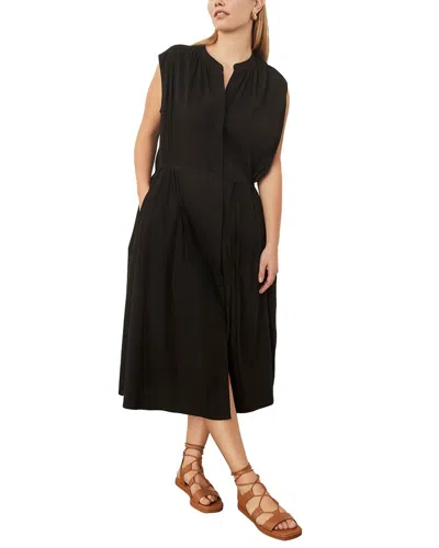 Shop Vince Plus Shirred Band Collar Linen-blend Dress In Black